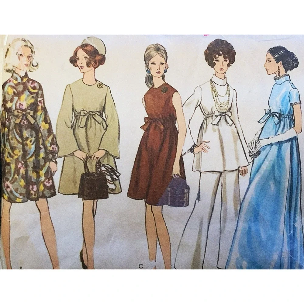 Vogue Pattern 60s Retro Empire Adj Dress Gown Wide Flared Pant EZ Maternity 34